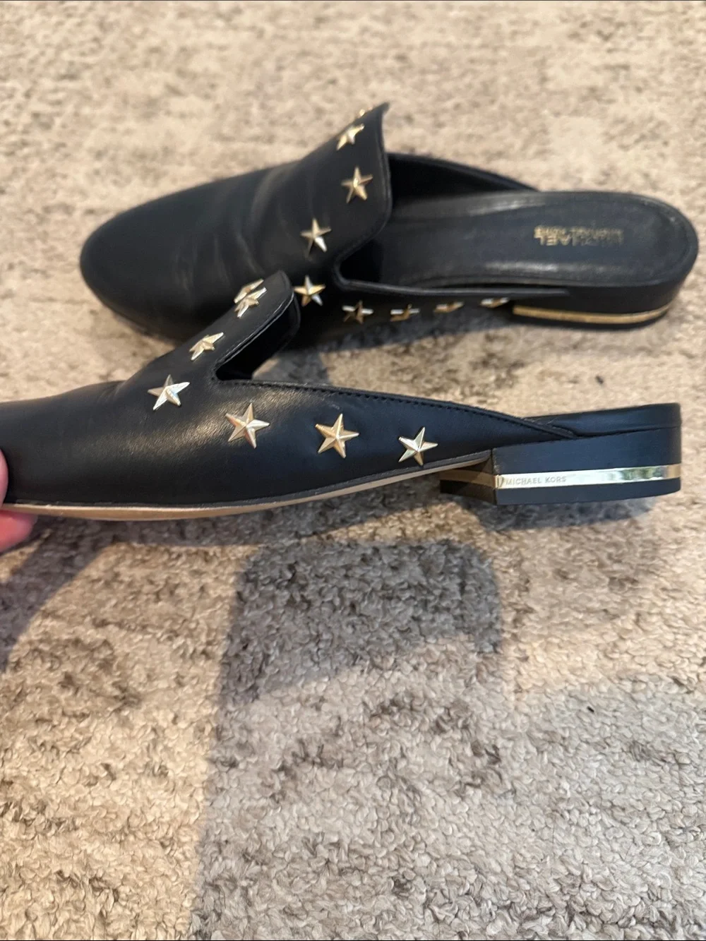 Michael Kors Black Leather Star-Stud Slide Mules